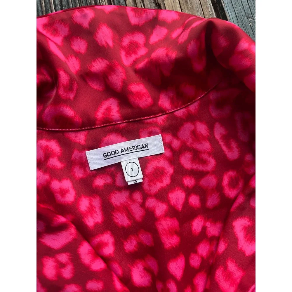 Good American Pink Red Leopard Print Pajama Set Cropped Top Wide Leg Pants 1